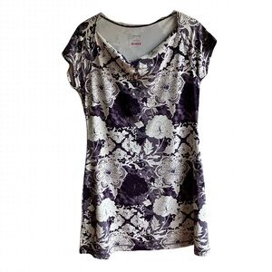 Title Nine Cowl Neck Mini Dress Size L Purple White Floral Travel